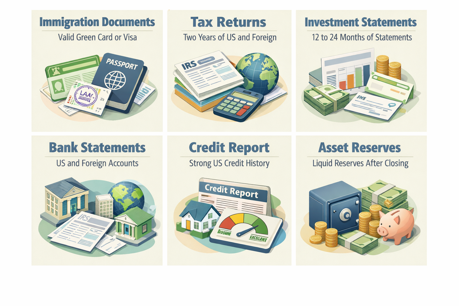 Overview of key documentation needed for jumbo loans including immigration documents, tax returns, and investment statements.