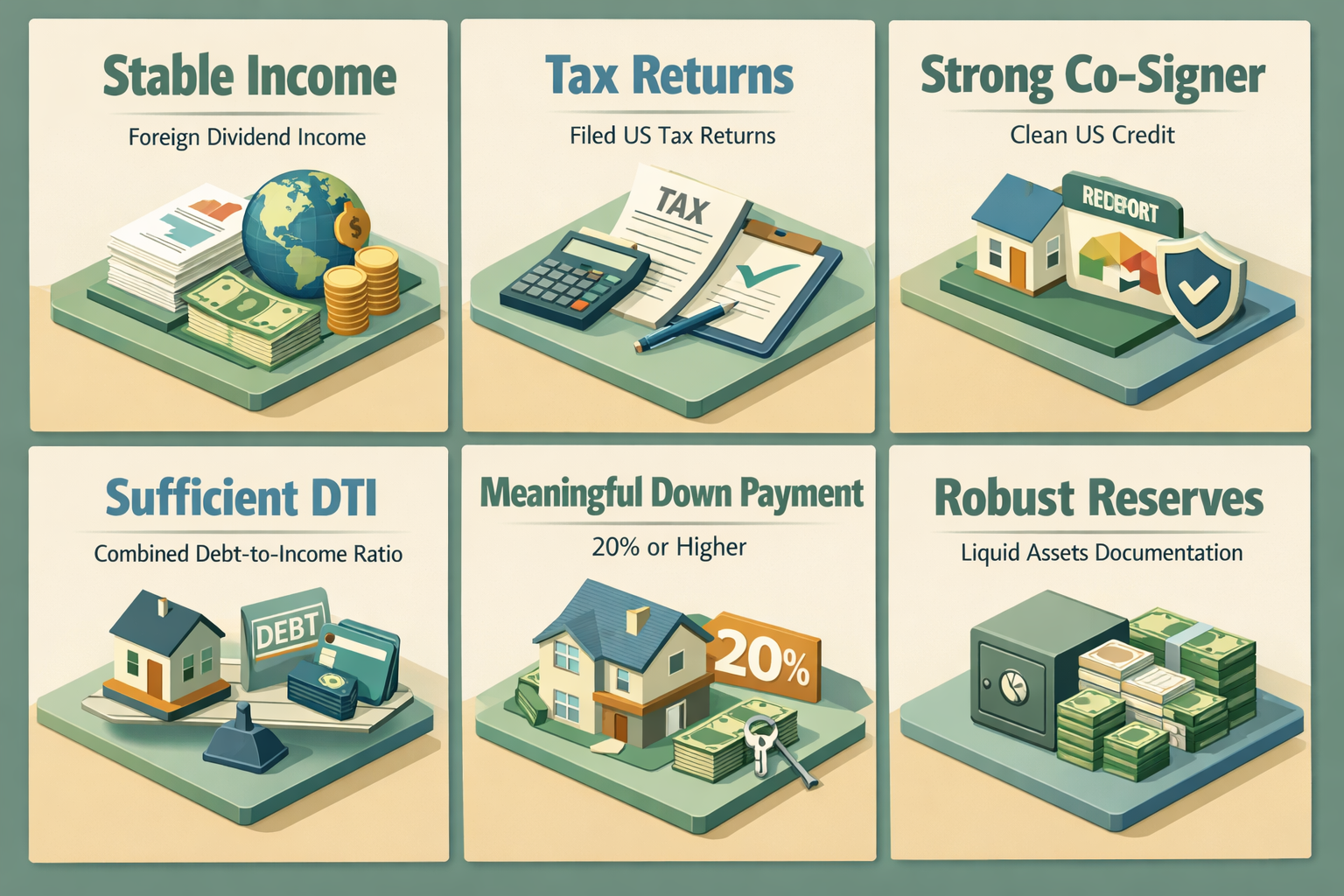 Requirements for jumbo loan with foreign dividend income and US co-signer including income stability, tax returns, co-signer credit, DTI, down payment, reserves.