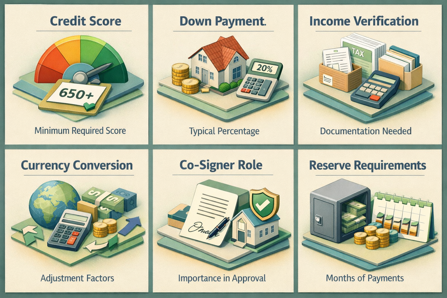 Infographic detailing credit score, down payment, income verification, currency conversion, co-signer role, and reserve requirements for jumbo loans.