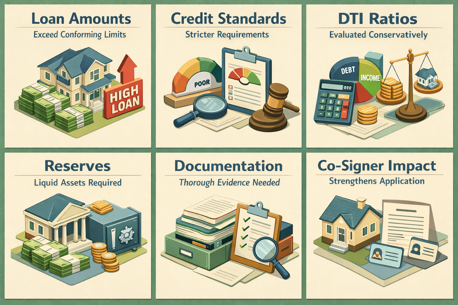 Infographic showing jumbo loan requirements including loan amounts, credit standards, DTI ratios, reserves, documentation, and co-signer impact.