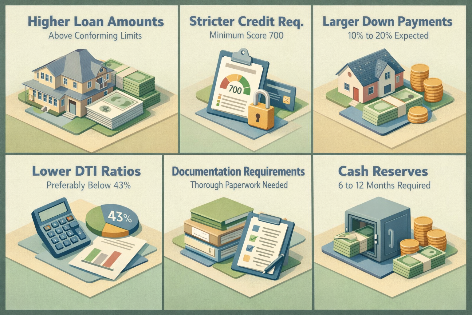 Infographic showing jumbo loan requirements including loan amounts, credit scores, down payments, DTI ratios, documentation, and cash reserves.