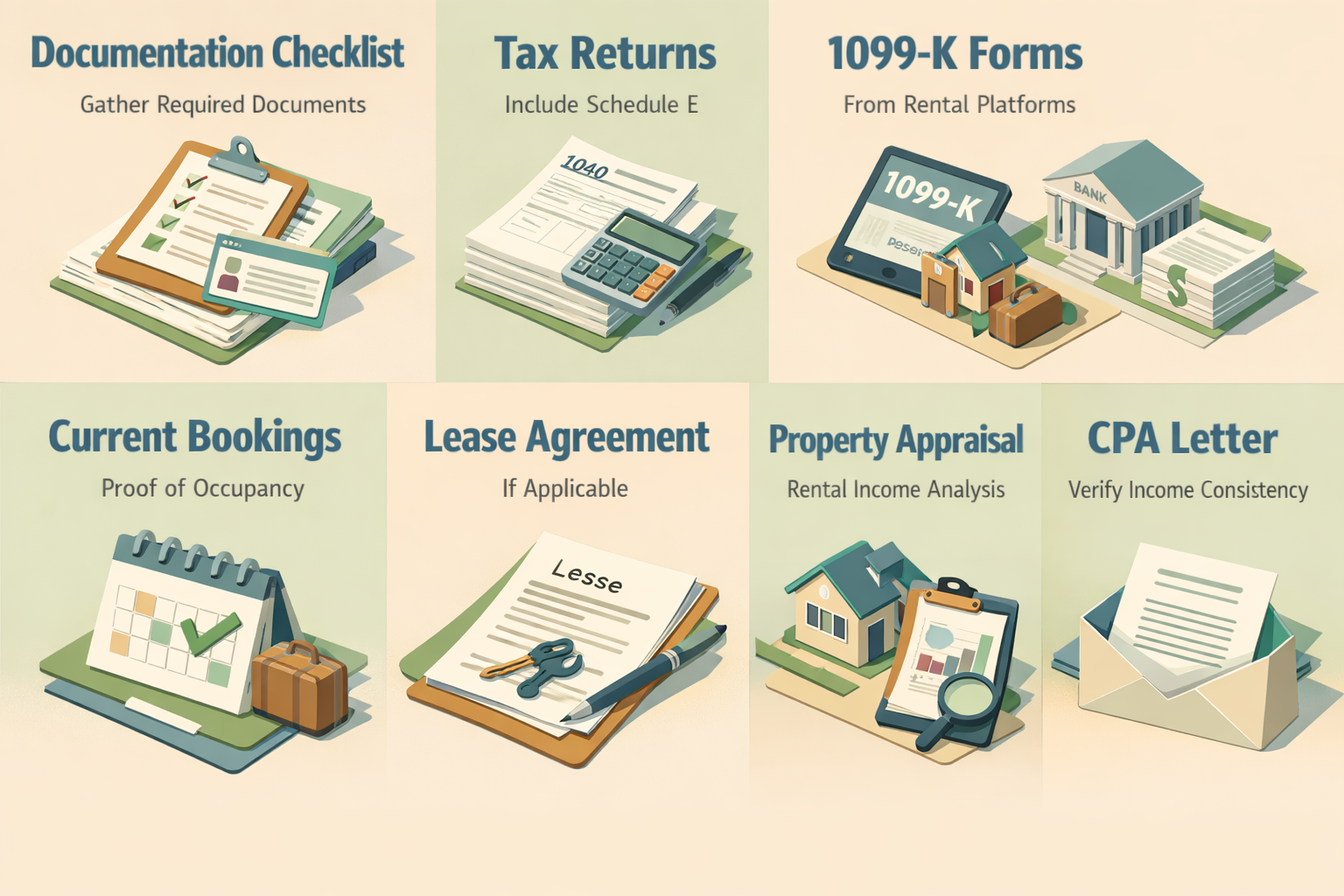 Checklist for jumbo loan requirements with vacation rental income including tax returns, bank statements, and CPA letters.