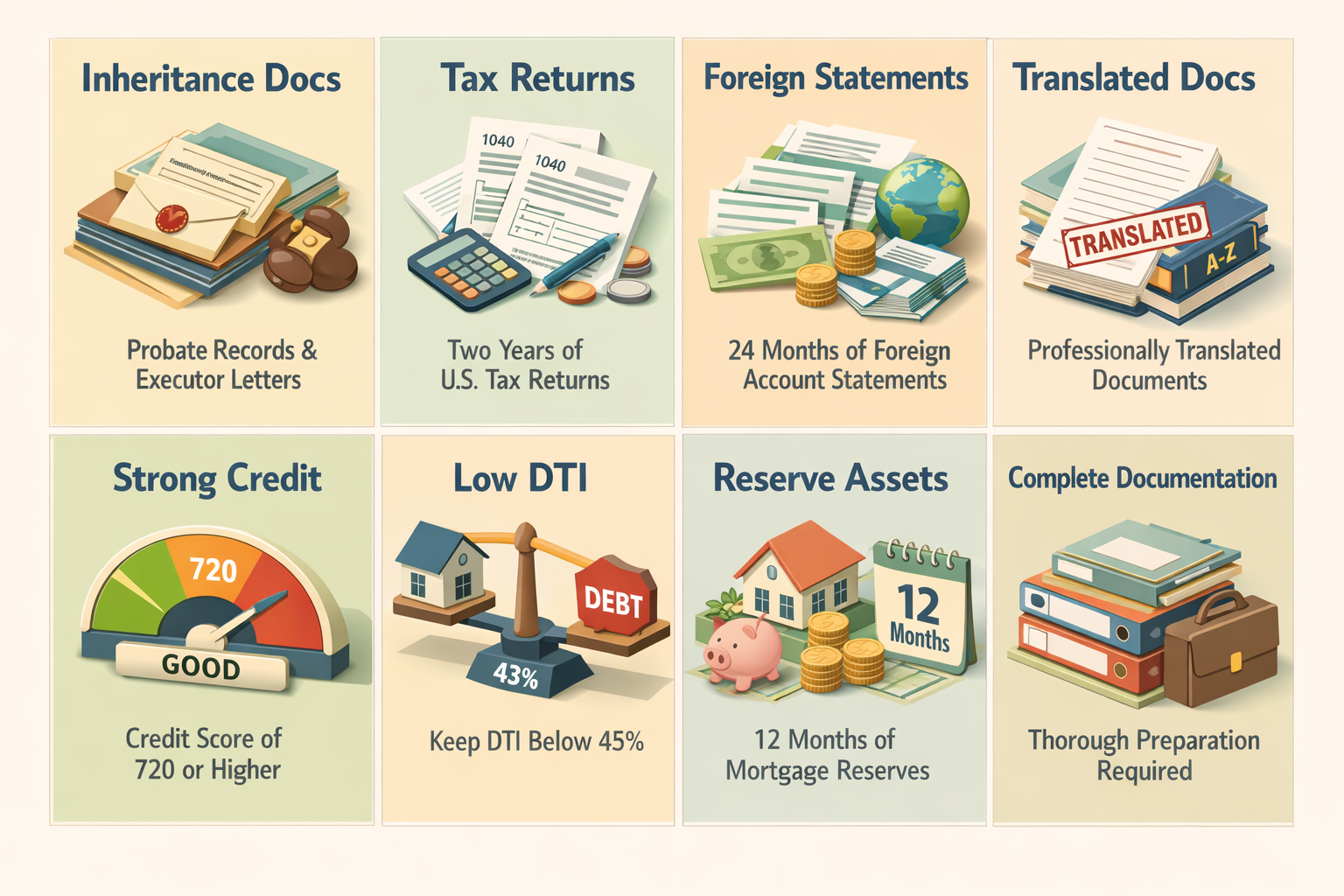 Key requirements for jumbo loan with inheritance and foreign dividend income including documentation and credit profile needs.