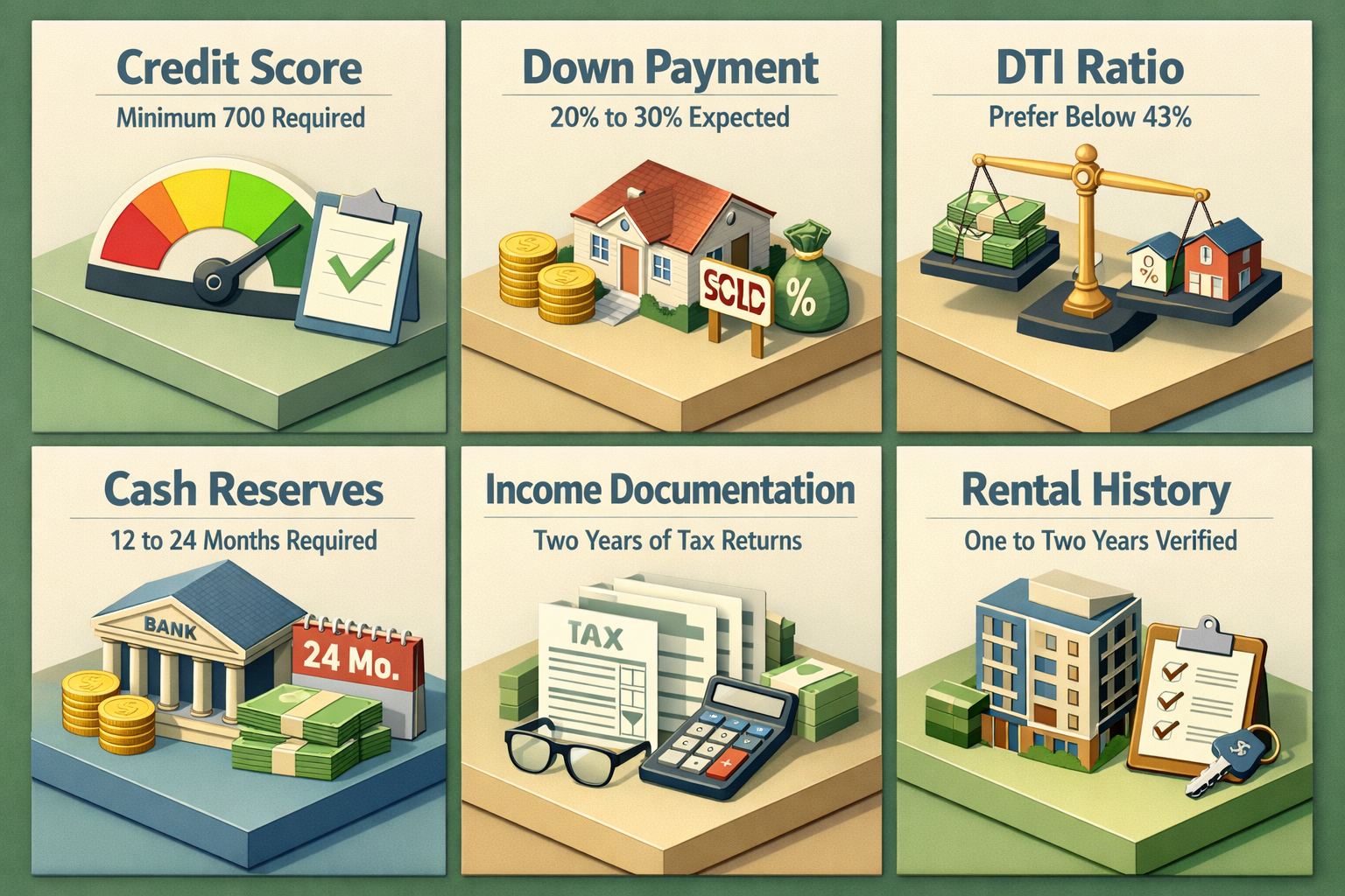 Core requirements for a jumbo loan with short-term rental income including credit score, down payment, DTI ratio, cash reserves, income documentation, and rental history.