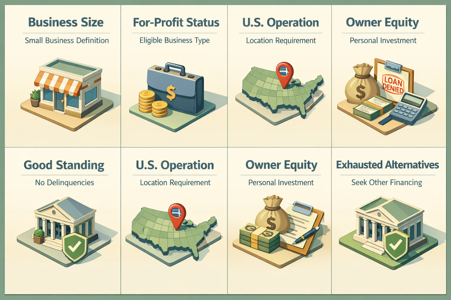 Infographic showing core eligibility criteria for SBA loans including business size, for-profit status, and owner equity.