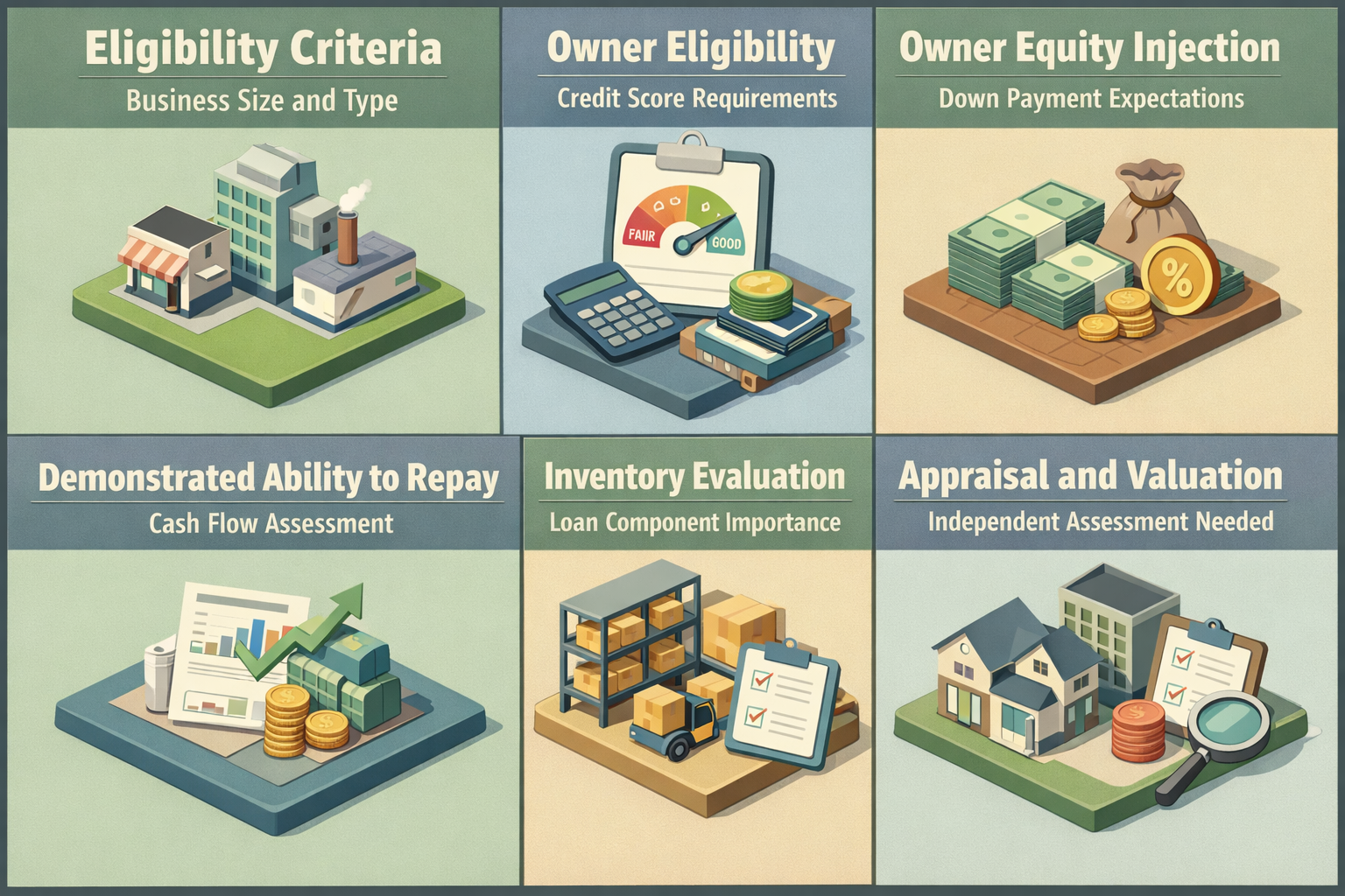 Infographic detailing eligibility criteria for SBA loans including business size, owner credit, equity injection, repayment ability, and inventory evaluation.