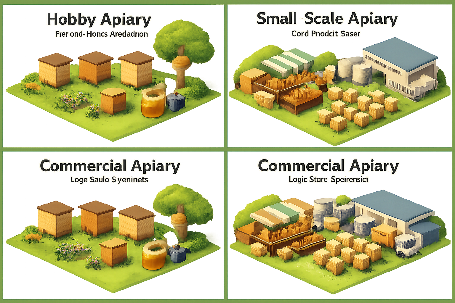 Infographic showing three apiary types: Hobby Apiary, Small-Scale Apiary, and Commercial Apiary with their characteristics.
