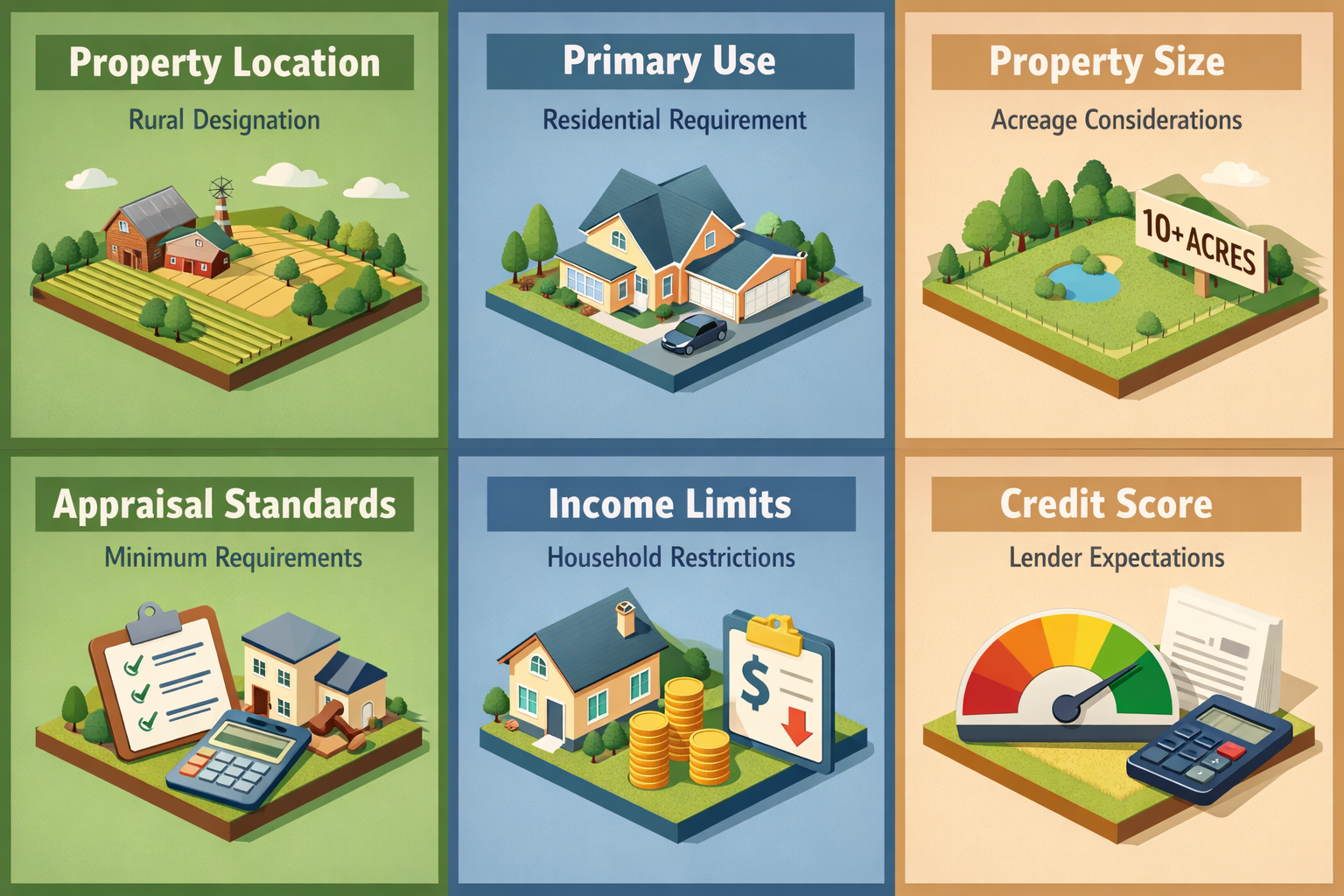 Infographic detailing key requirements for USDA loans on aquaponics properties including location, use, size, appraisal, income, and credit score.