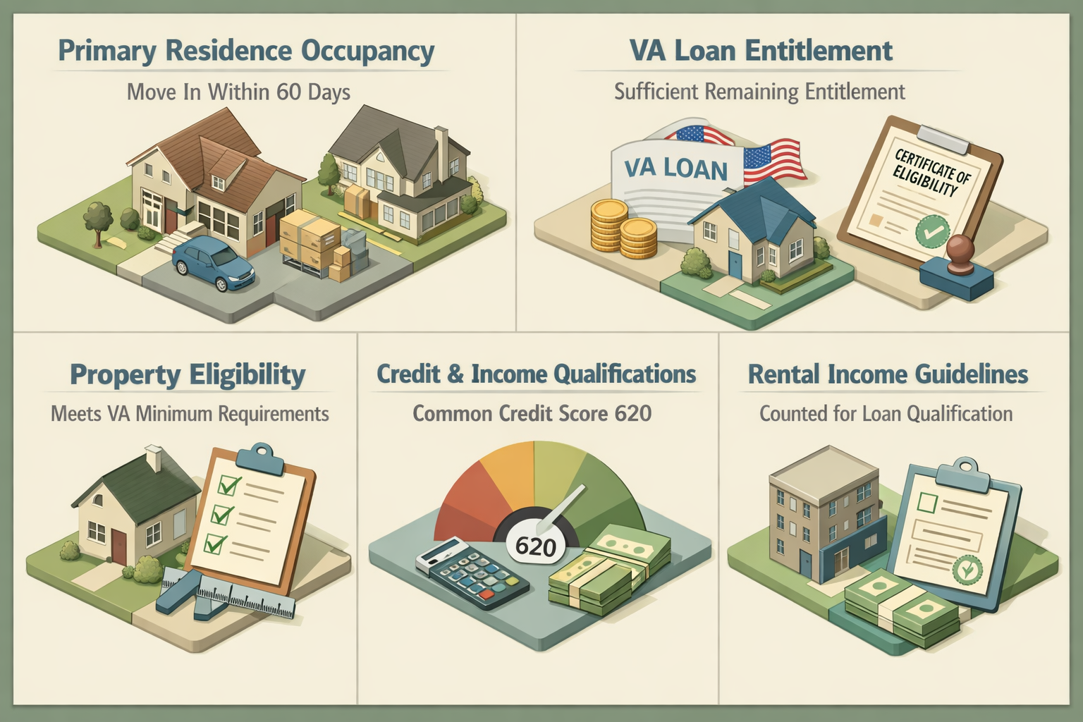 Infographic detailing core requirements for VA loan on a duplex with owner-occupancy including occupancy, entitlement, and eligibility criteria.