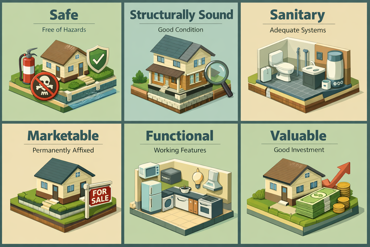 Infographic showing VA property requirements for geodesic dome homes including safety, structural soundness, sanitation, and marketability.