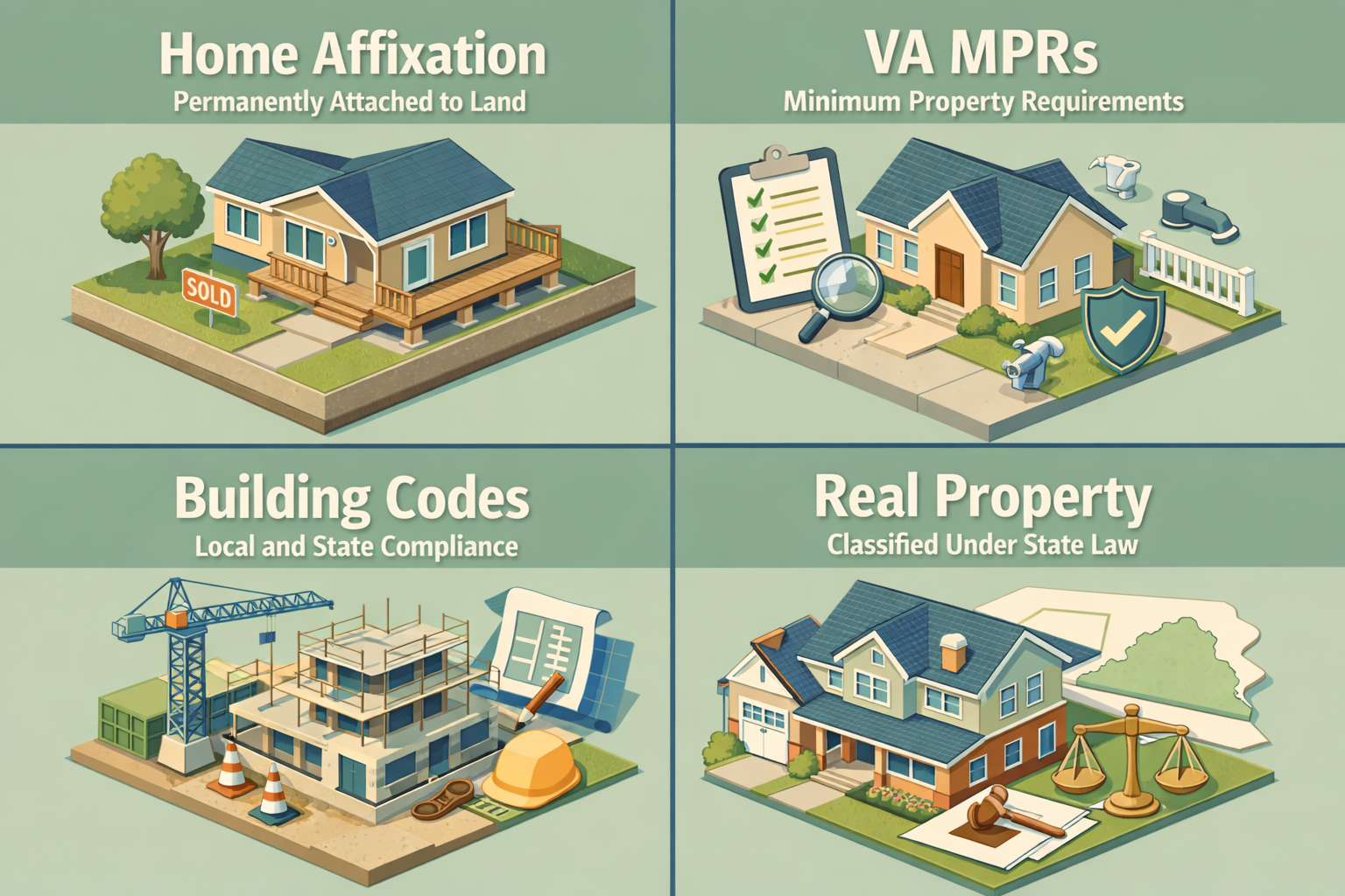 Requirements for VA loan on a modular home with land including home affixation, VA MPRs, building codes, and real property classification.