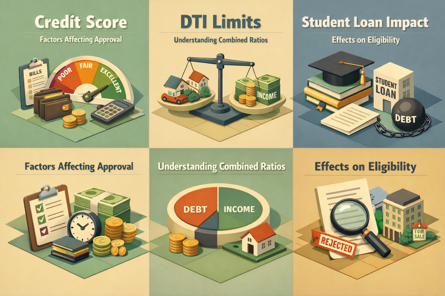 Infographic illustrating credit score factors, DTI limits, and student loan impacts on VA loan eligibility.