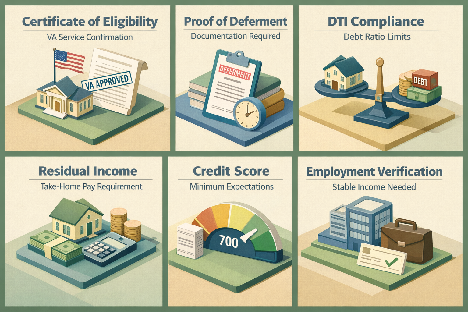 Requirements for VA loan with co-borrower student loan deferment including COE, deferment proof, DTI compliance, residual income, credit score, and employment verification.