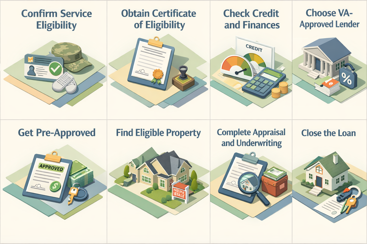 Steps to start your VA loan application including service eligibility, certificate of eligibility, credit check, and lender selection.