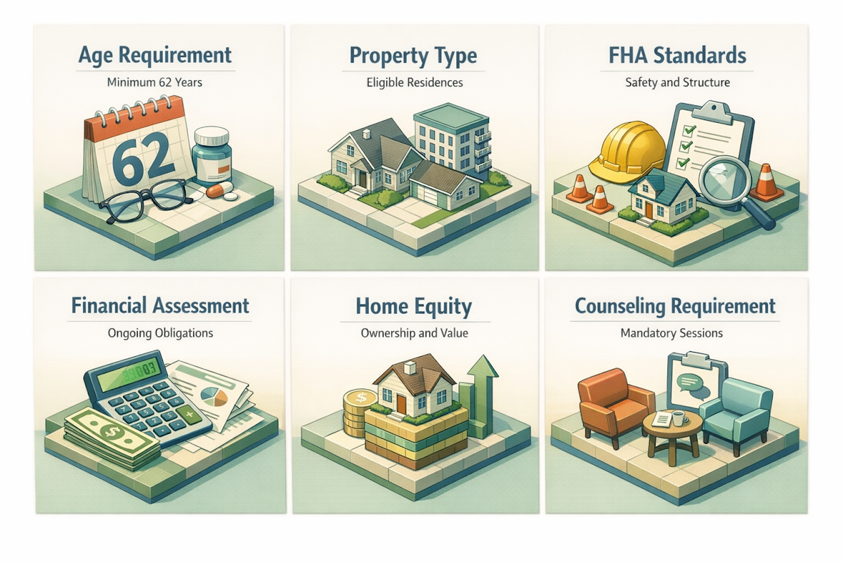 Infographic detailing reverse mortgage requirements including age, property type, FHA standards, financial assessment, home equity, and counseling.