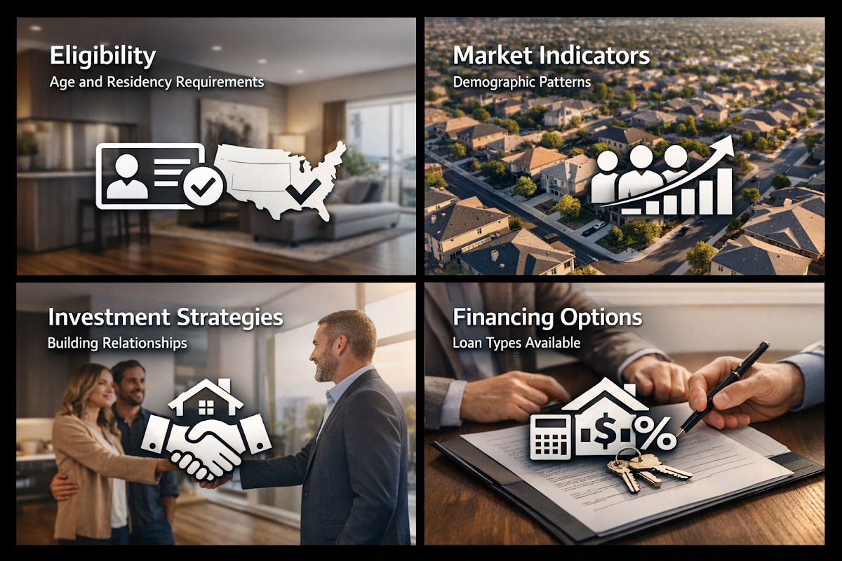 Visual representation of reverse mortgage eligibility, market indicators, investment strategies, and financing options for investors.