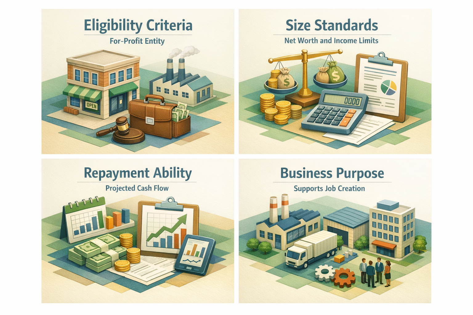 Infographic showing eligibility criteria for SBA 504 loan including for-profit entity, size standards, repayment ability, and business purpose.