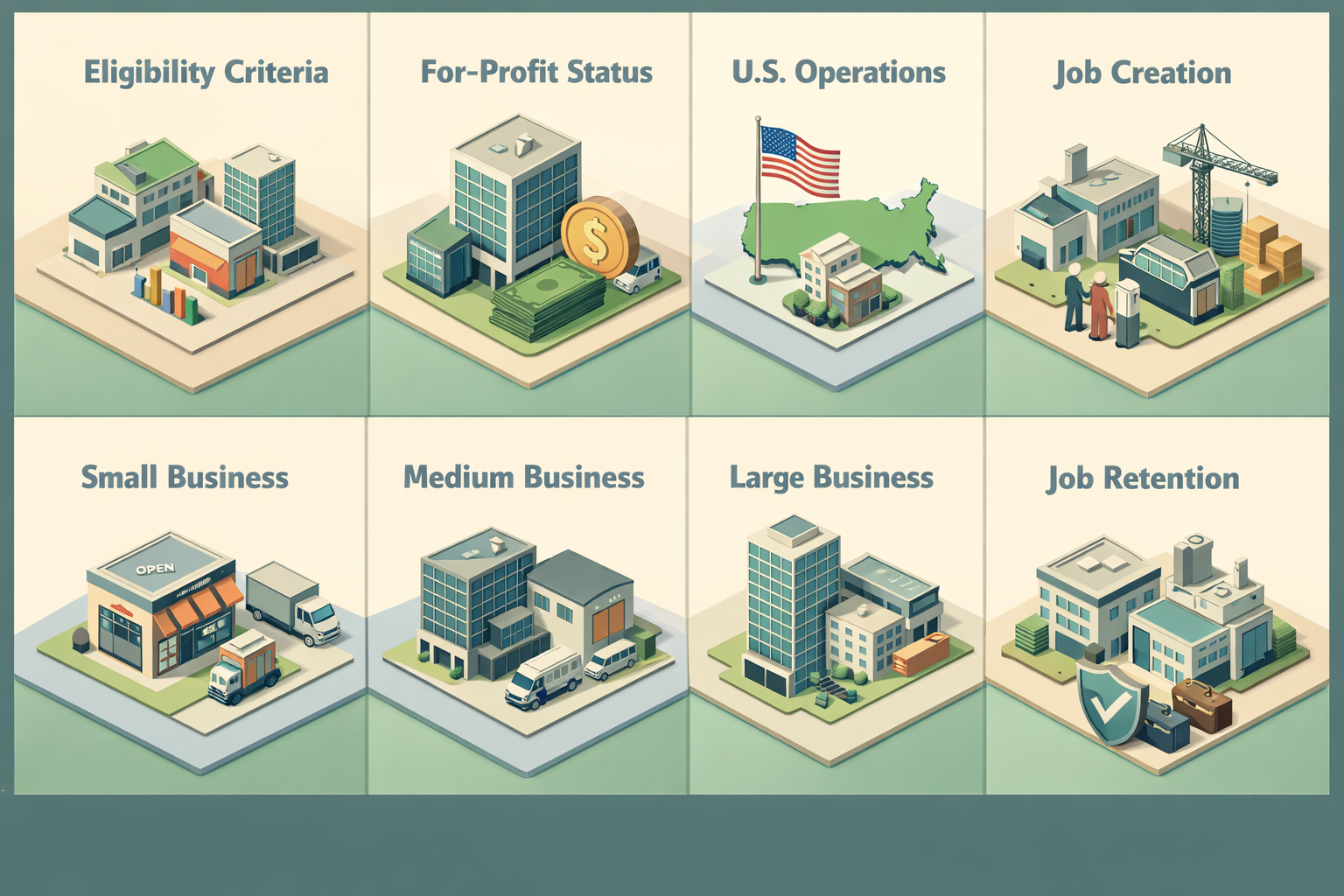 Infographic showing eligibility criteria for SBA 504 loans including business size, for-profit status, U.S. operations, and job creation.