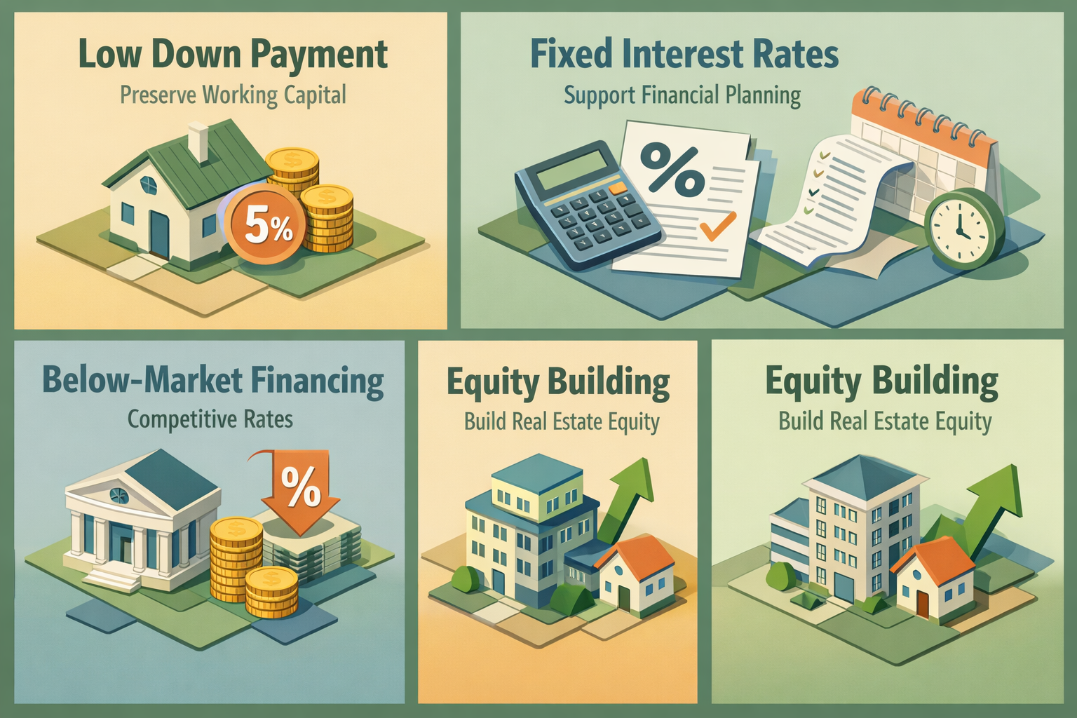 Infographic showing key benefits of the SBA 504 loan including low down payment, fixed interest rates, and long repayment terms.