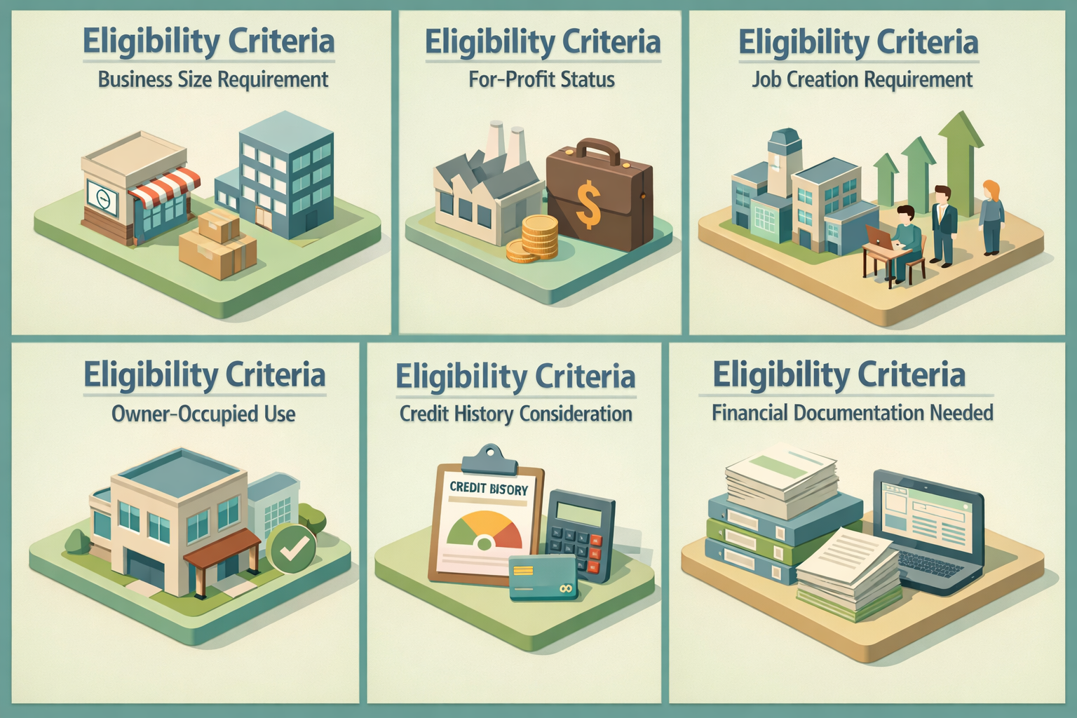 Infographic illustrating eligibility criteria for SBA 504 loans including business size, for-profit status, job creation, owner-occupied use, credit history, and financial documentation.