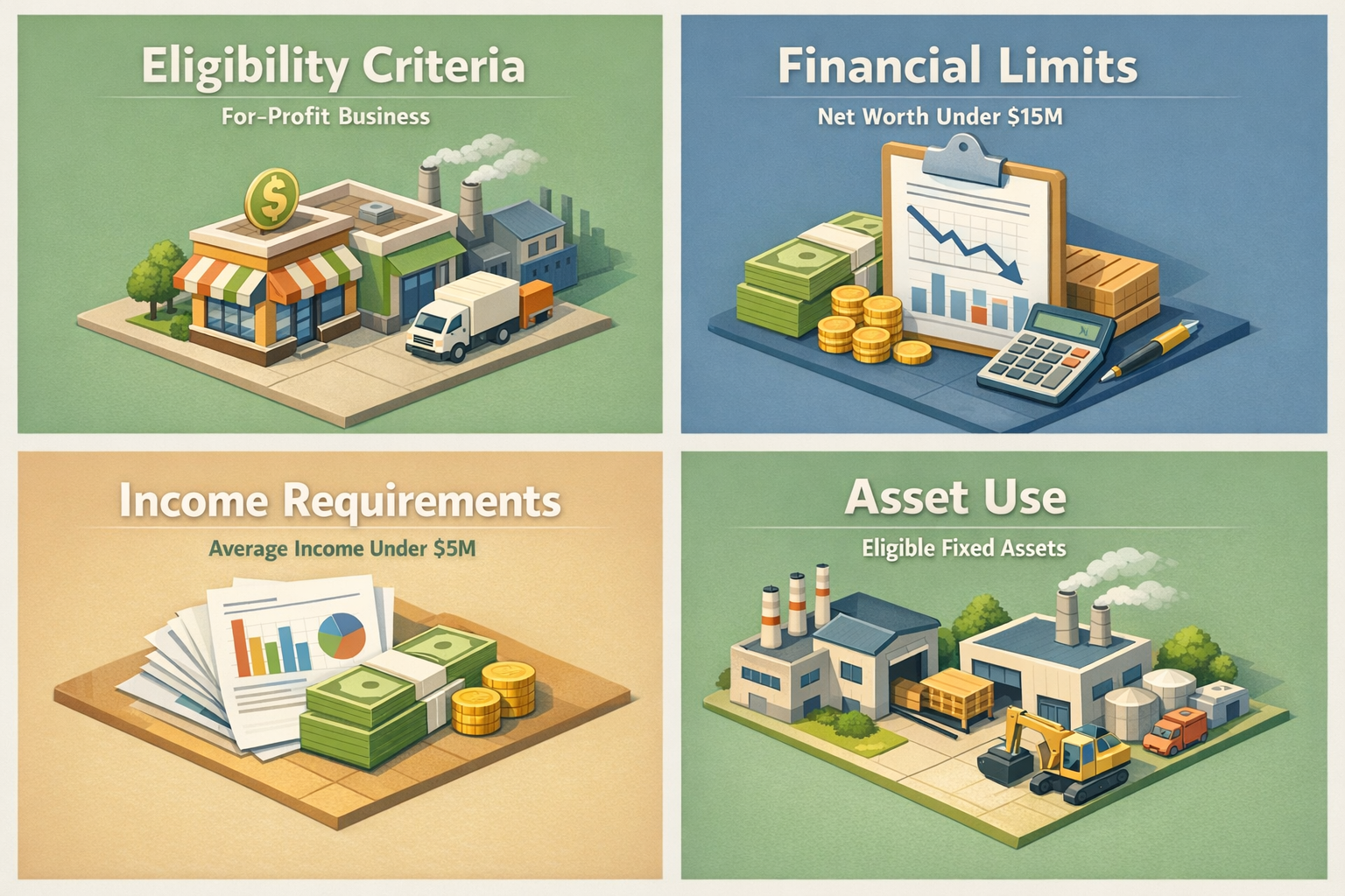 Infographic detailing eligibility criteria for SBA 504 loans including business type, financial limits, income requirements, and asset use.