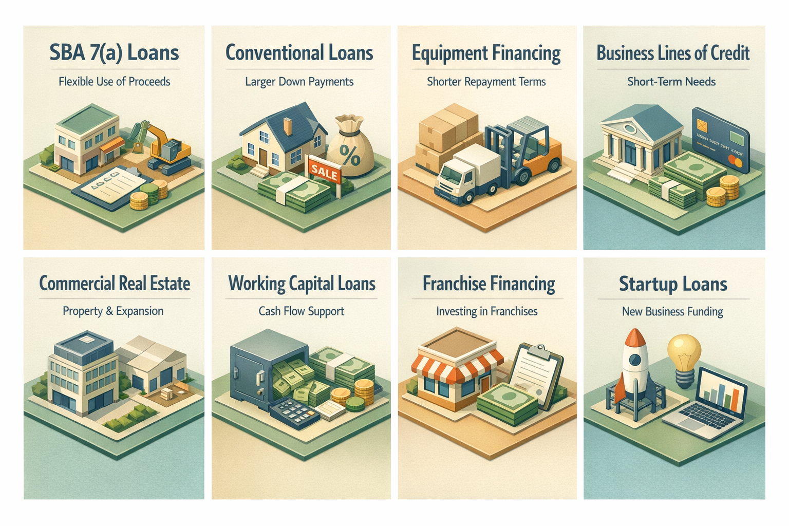Comparison of SBA 504 loans with SBA 7(a) loans, conventional loans, equipment financing, and business lines of credit.
