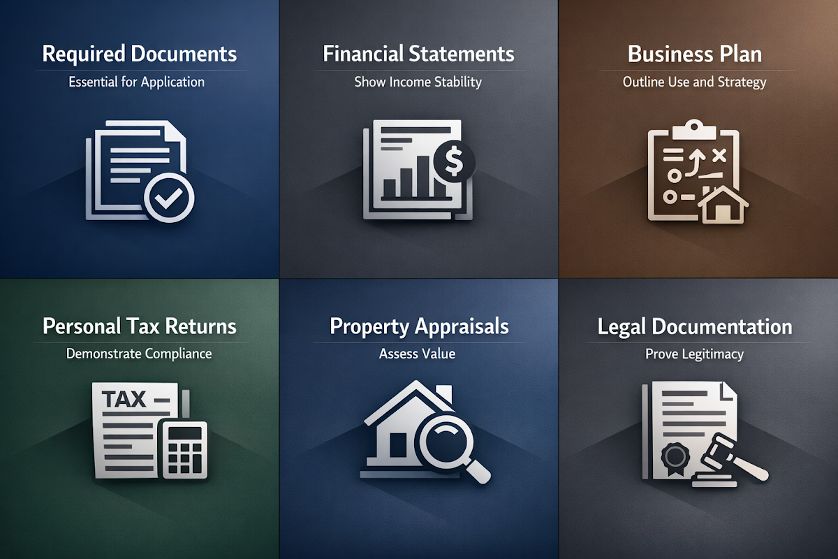 Visual guide for required SBA loan documents including financial statements, business plans, and legal documentation.