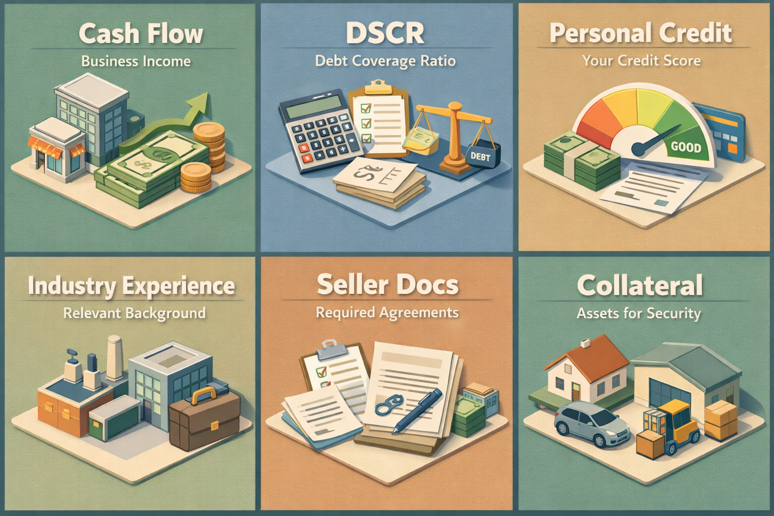 Infographic showing factors lenders evaluate for bakery acquisition loans including cash flow, DSCR, credit profile, and more.