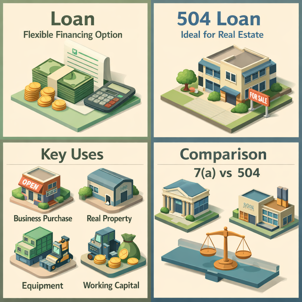 Comparison of SBA 7(a) and SBA 504 loans for manufacturing acquisitions with key uses and benefits outlined.