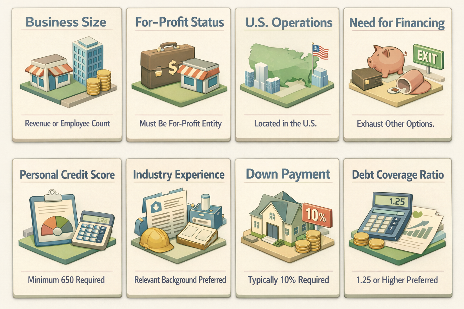 Infographic detailing SBA loan requirements for acquiring a small craft brewery, including business size, for-profit status, and credit score.