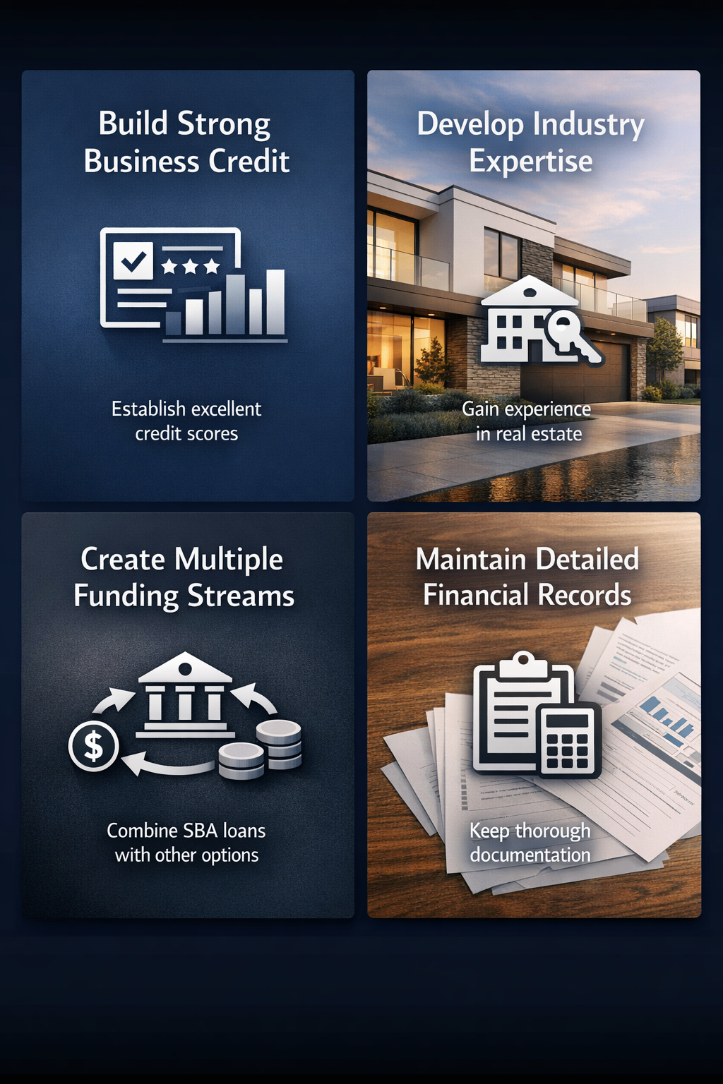Steps to maximize funding success for women entrepreneurs in real estate, including building credit and developing expertise.