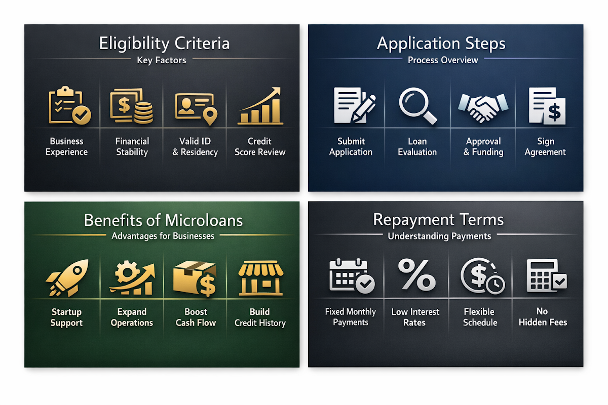 Visual breakdown of SBA microloan eligibility, application steps, benefits, and repayment terms for small businesses.