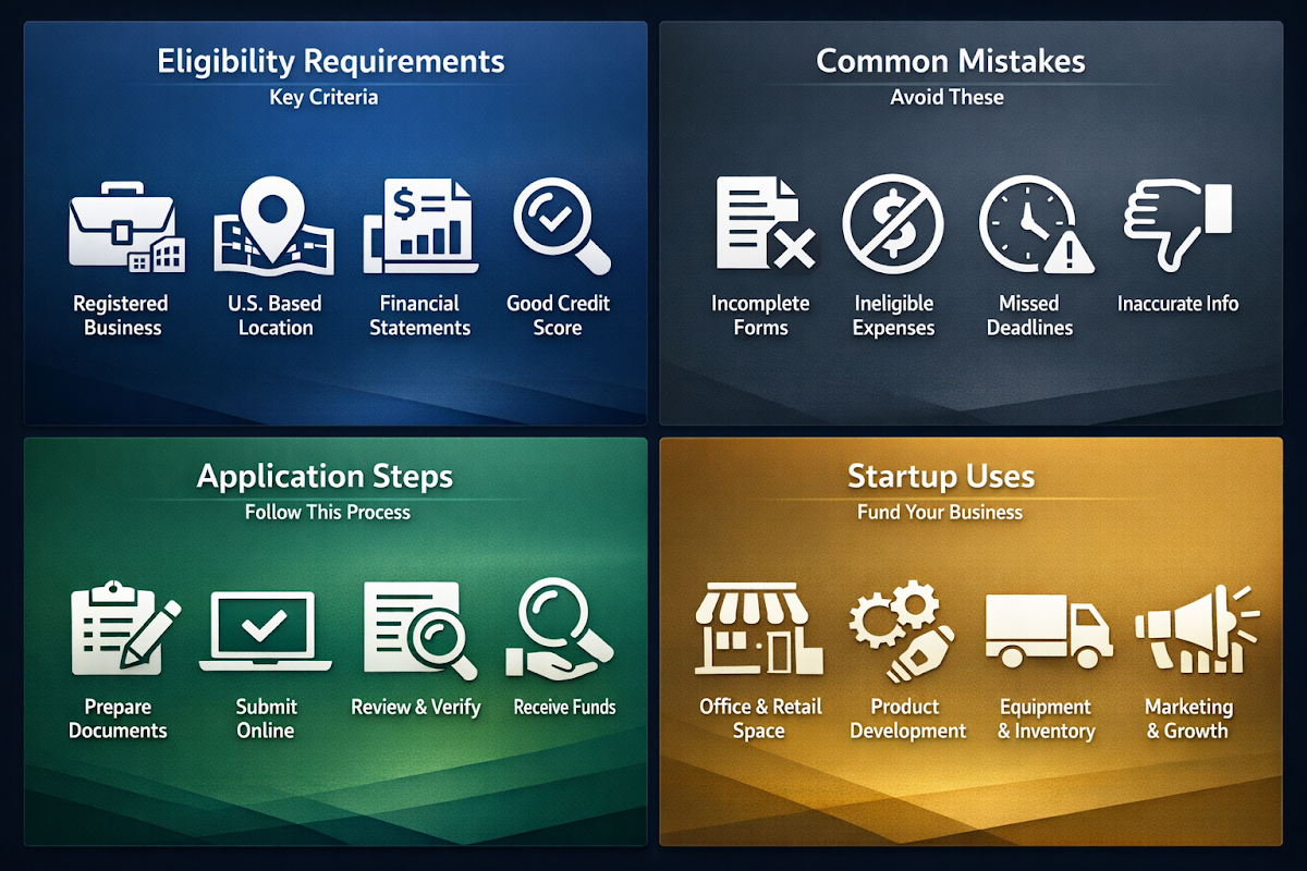 Infographic showing key microloan eligibility requirements, common mistakes, application steps, and startup uses for real estate investors.