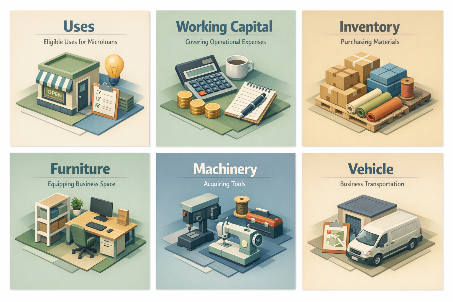 Infographic showing eligible uses for SBA Microloan funds including working capital, inventory, furniture, and machinery.