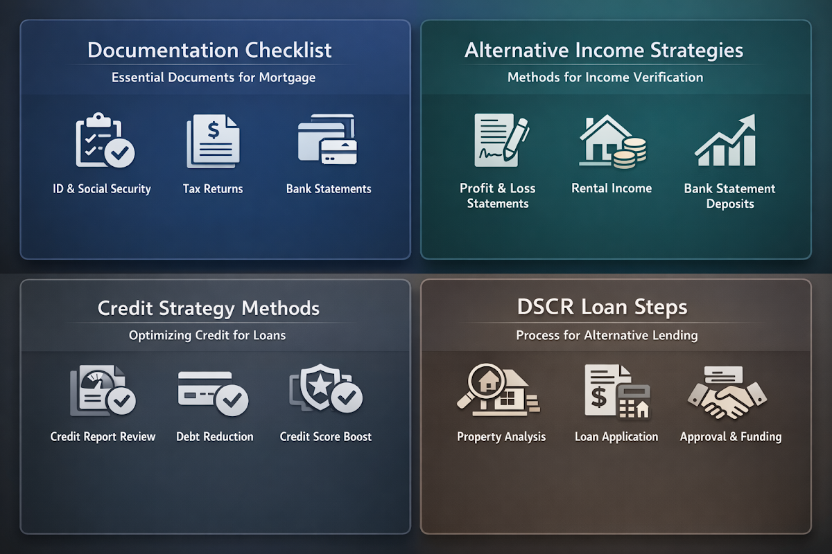 Visual representation of essential documentation checklist and strategies for self-employed mortgage approval.