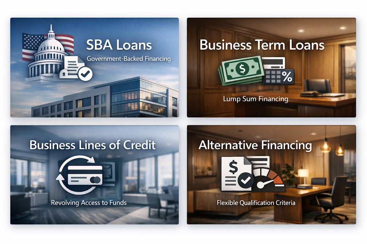 Visual representation of financing options for real estate investors including SBA loans, term loans, lines of credit, and alternative financing.