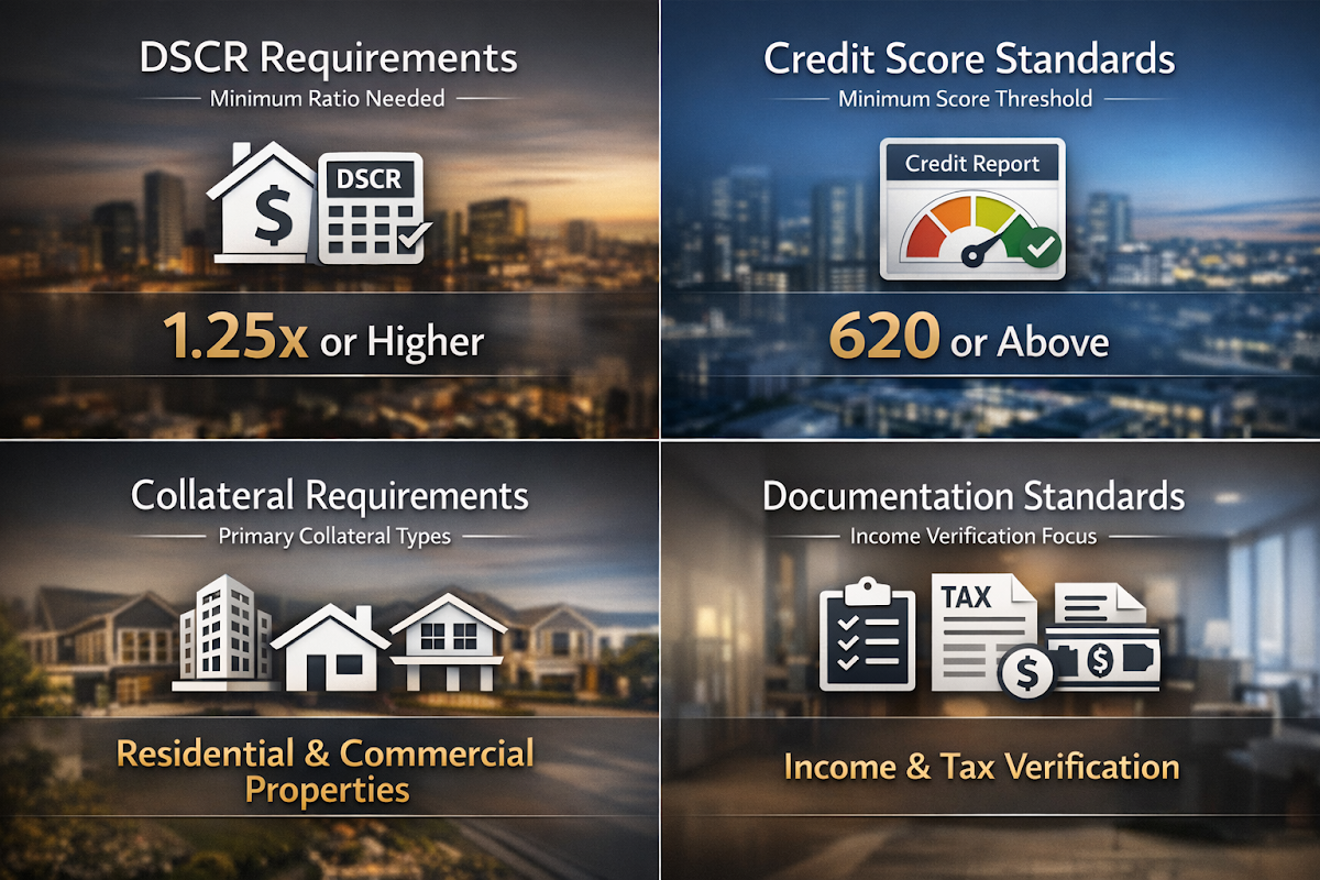 Infographic showing DSCR requirements, credit score standards, collateral requirements, and documentation standards for business loans.