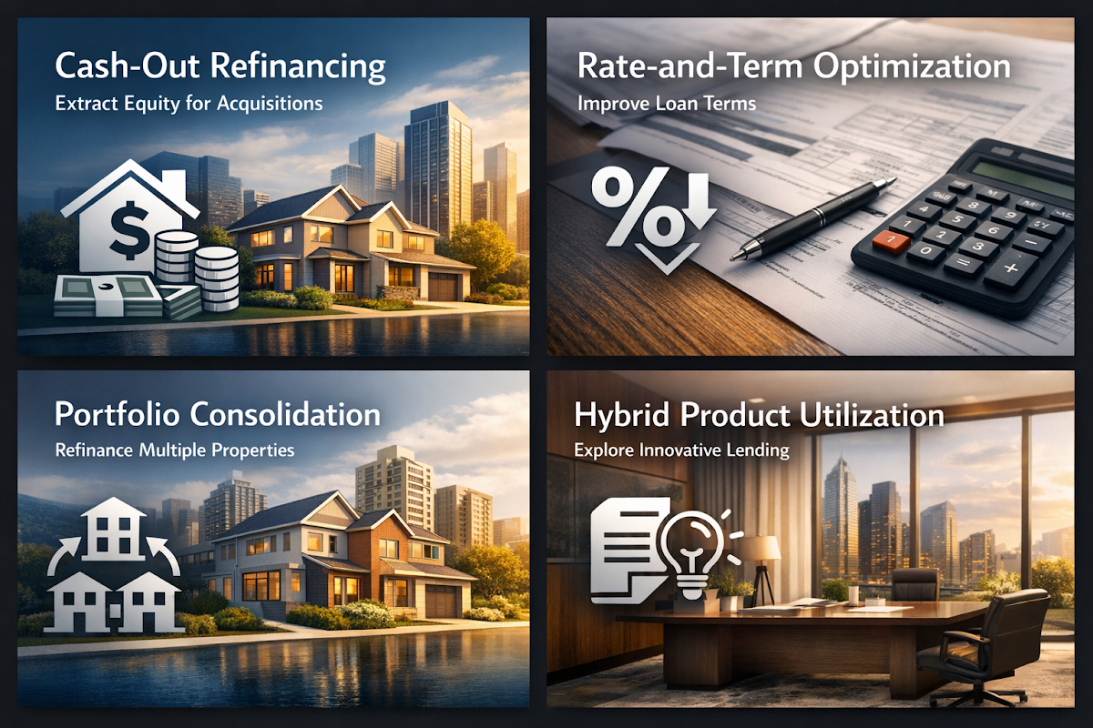 Infographic showing advanced refinancing strategies for portfolio growth including cash-out refinancing and hybrid product utilization.