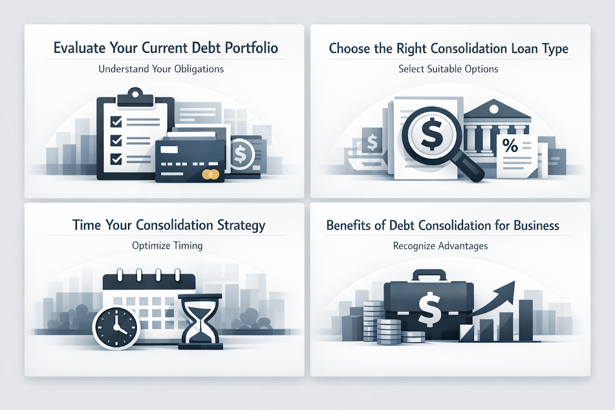 Infographic showing debt consolidation strategies including evaluating debt, choosing loan types, timing strategies, and benefits.