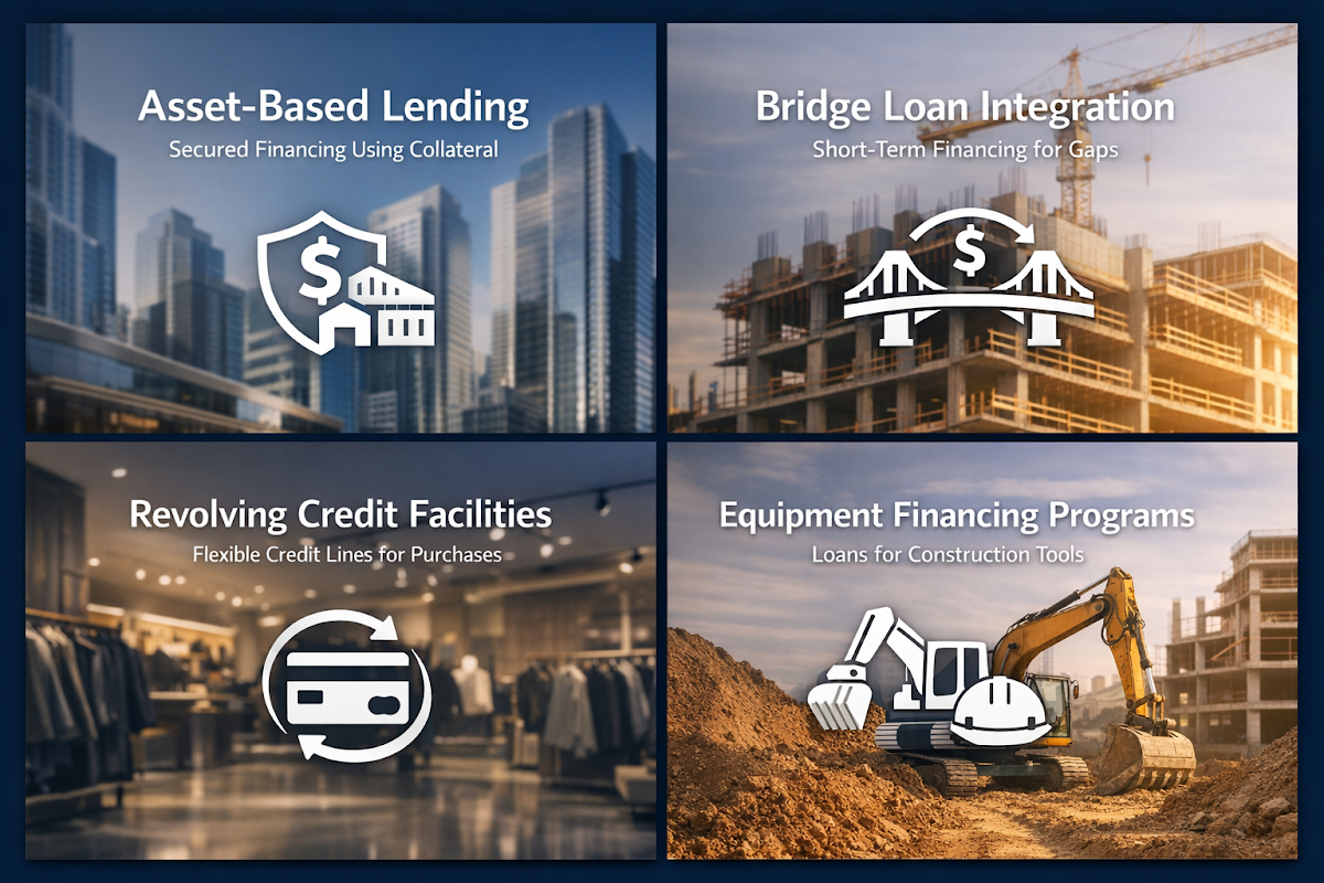 Infographic showing essential inventory financing options for property investors including asset-based lending and bridge loans.