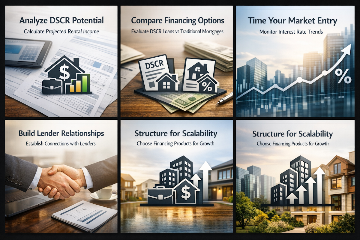 Five steps to optimize investment property financing strategy including DSCR analysis and lender relationships.