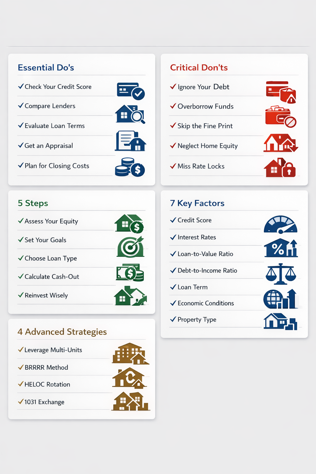 Visual guide on refinancing including essential do's, don'ts, steps, factors, and strategies for investment property refinancing.