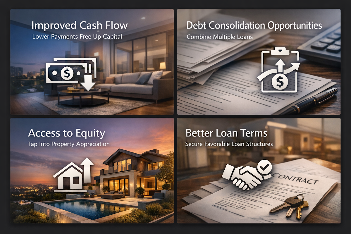 Infographic showing benefits of refinancing rental property: cash flow, debt consolidation, equity access, better loan terms.