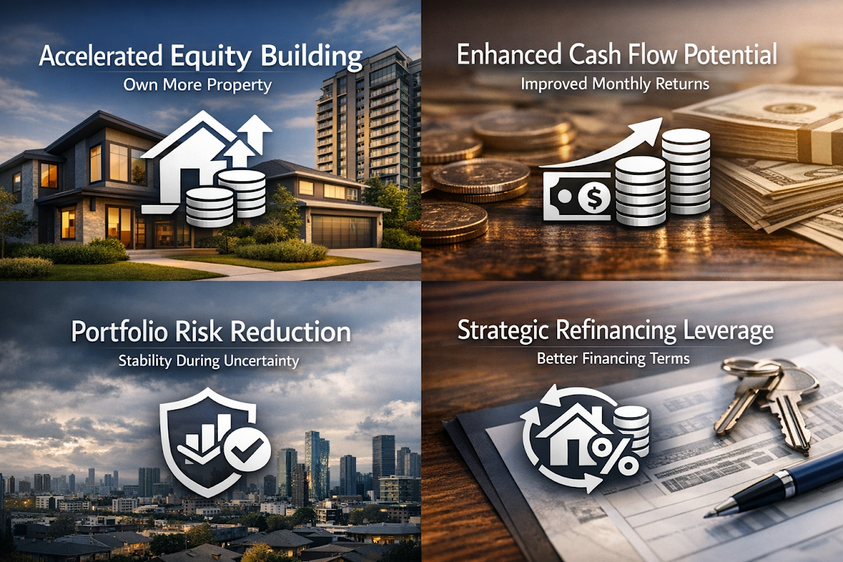 Visualizing mortgage prepayment benefits for investment properties, including equity building and cash flow potential.