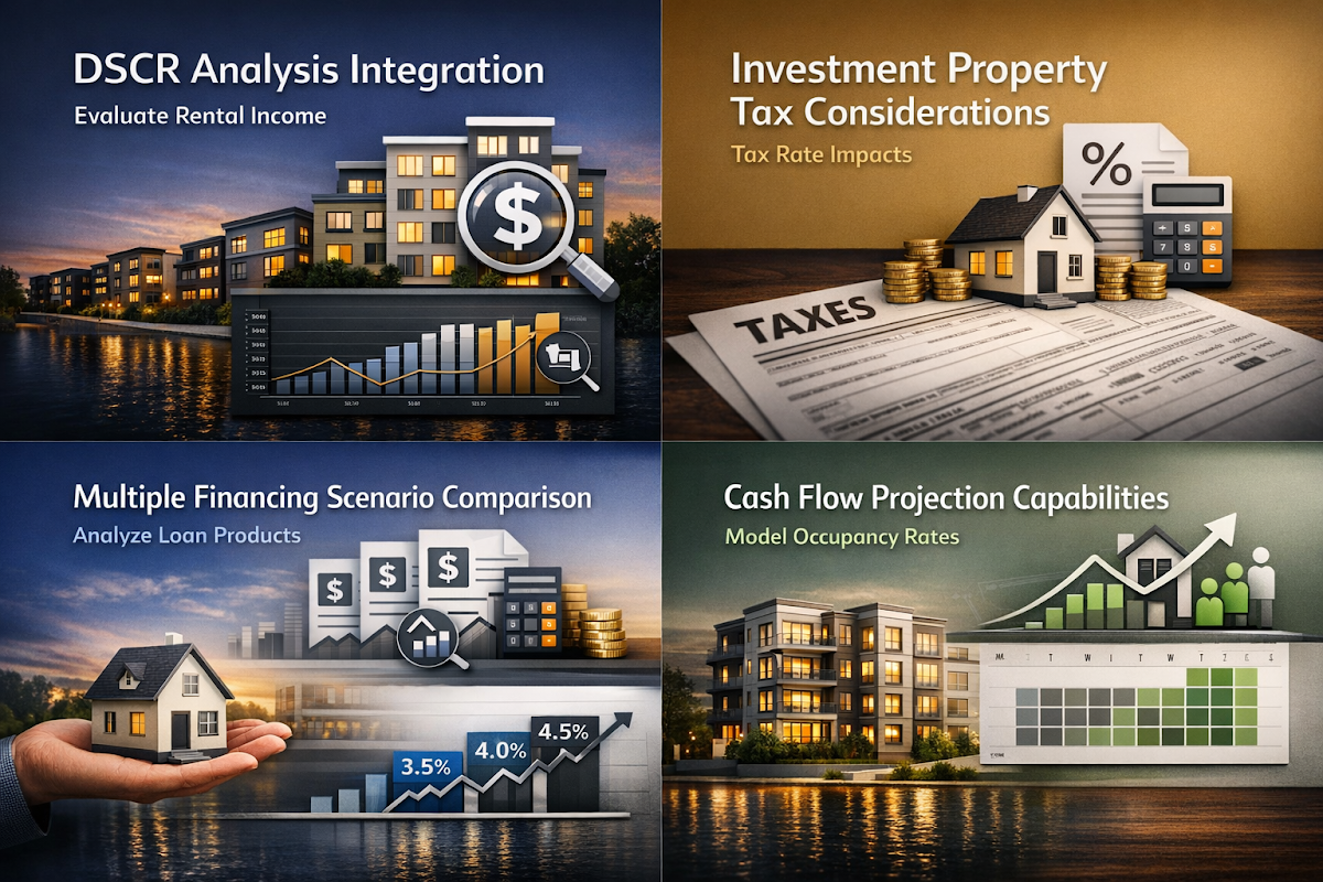 Infographic showing essential mortgage payment calculator features for investors including DSCR analysis and cash flow projections.