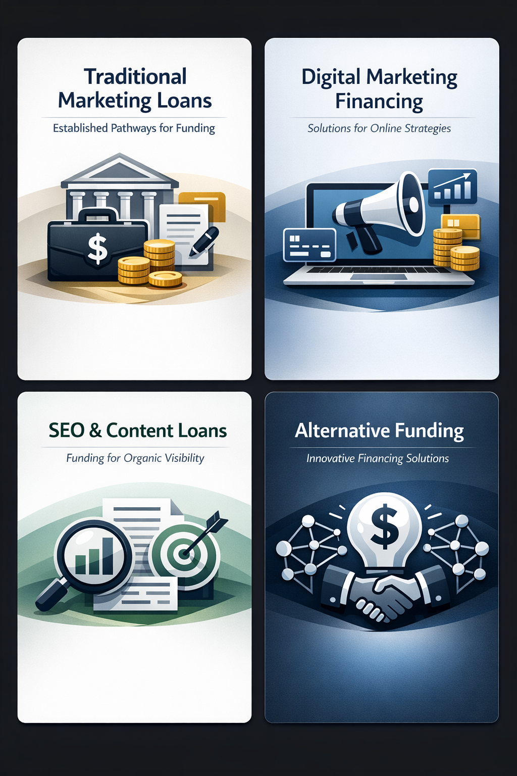 Infographic showing Traditional Marketing Loans, Digital Marketing Financing, SEO and Content Loans, and Alternative Funding options.