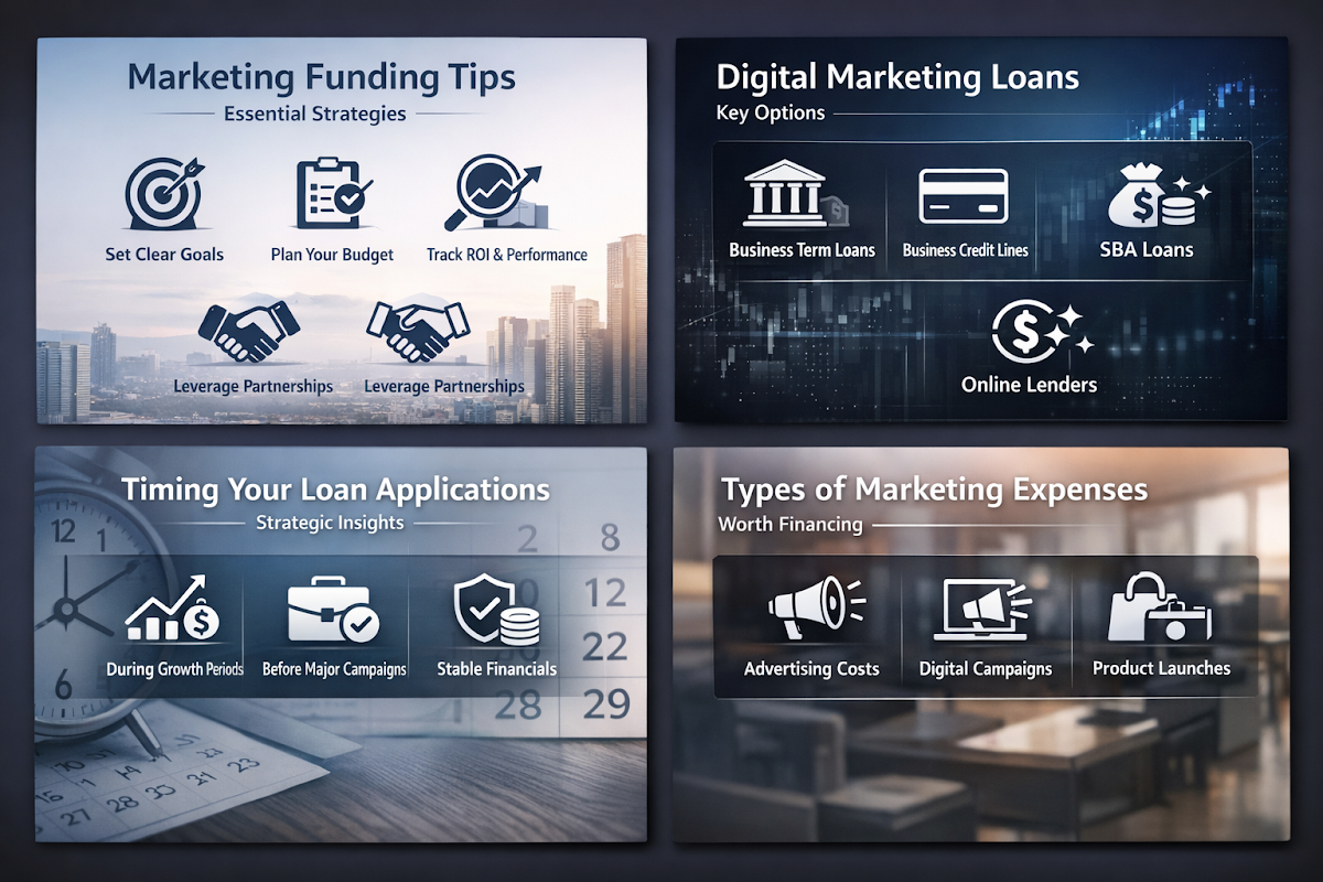 Infographic showing marketing funding tips, digital marketing loans, loan application timing, and types of marketing expenses.