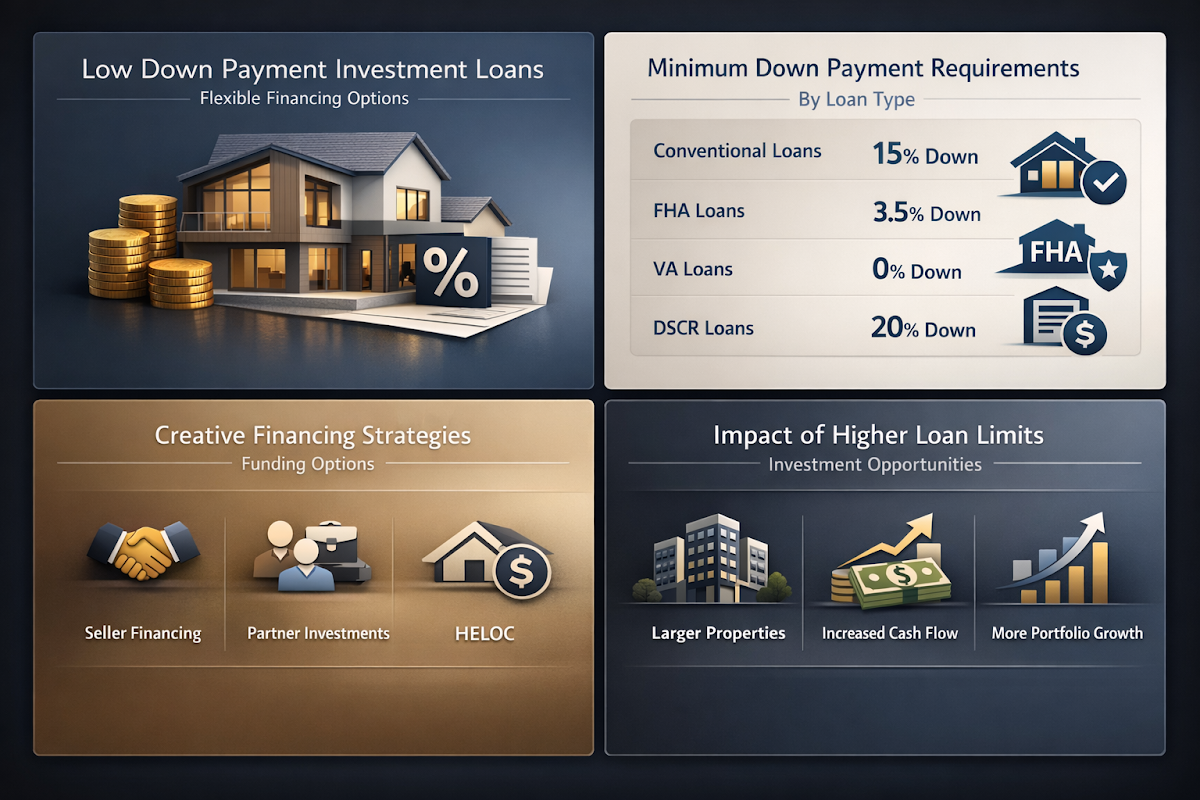 Visualizing low down payment investment loans, minimum requirements, creative financing strategies, and higher loan limits impact.