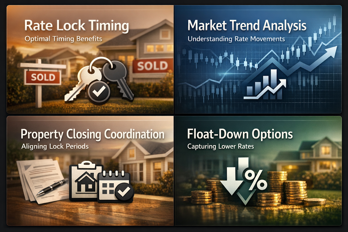 Infographic on timing mortgage rate locks with panels on optimal timing, market trends, closing coordination, and float-down options.