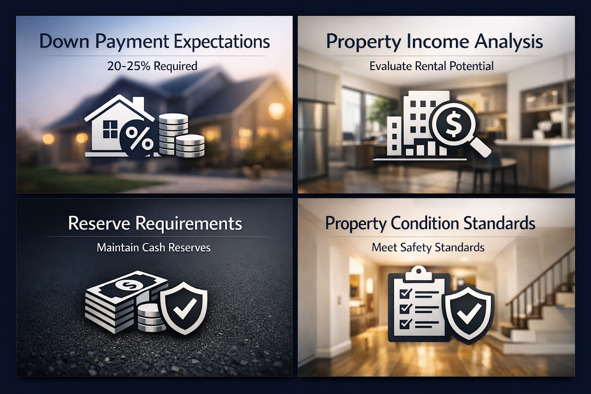 Infographic showing multi-family mortgage requirements including down payment, income analysis, reserves, and property standards.